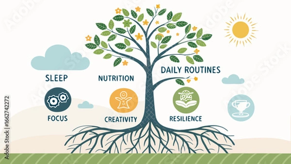 Fototapeta Vertical tree infographic with roots as habits, trunk as routines, branches as skills, icons of wellness, and organic friendly design.