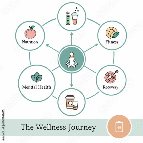 Fototapeta Wellness Journey circular infographic with health nodes, icons, and pastel colors.