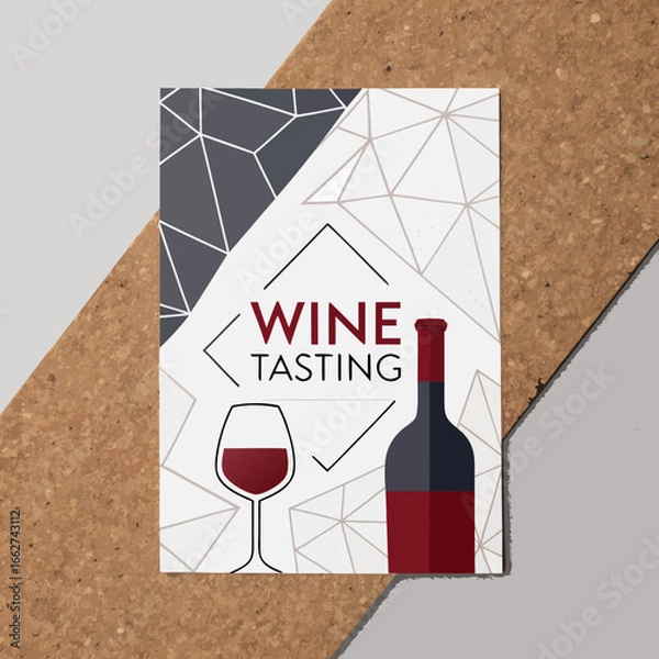 Fototapeta Wine tasting invitation with minimalist bottle and glass design in elegant charcoal, red, and off-white.