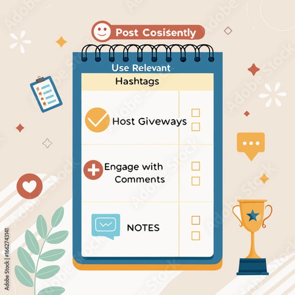 Fototapeta Social media engagement checklist with icons, progress bar, and friendly warm design.
