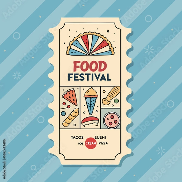 Fototapeta Food festival invitation as vintage ticket with bold text, food icons, vibrant colors, patterns, and space for details and QR code.