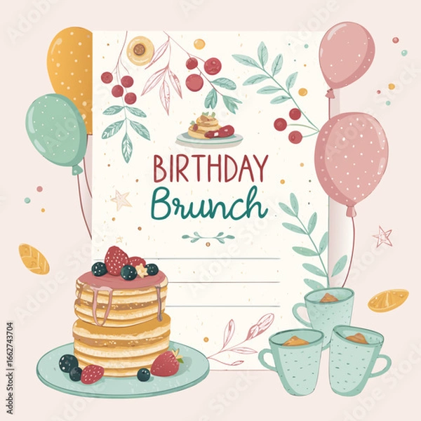 Fototapeta Whimsical brunch invitation with pancakes, coffee, balloons, pastel colors, playful text, and interactive RSVP/menu.
