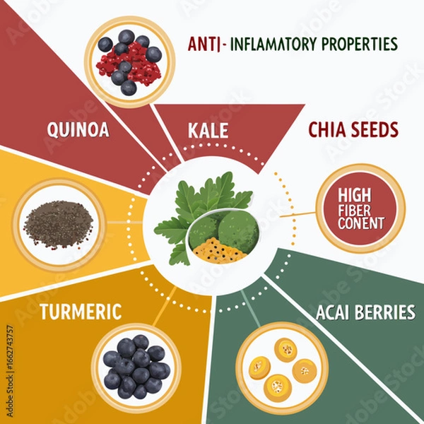 Fototapeta Vibrant superfoods infographic with icons, charts, health notes, and bold colors for engaging wellness content.