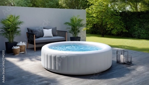 Fototapeta Inflatable hot tub relaxing in a backyard garden