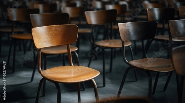 Fototapeta Vintage wooden chairs arranged in dimly lit rows, one in focus