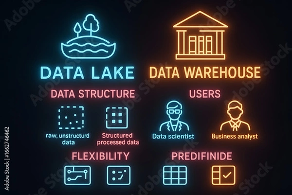 Obraz Data Lake vs Data Warehouse Comparison Infographic for Big Data Architecture