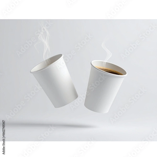 Obraz White paper cups of coffee mock up on blank background, Two cups in the air dynamically. Ai png
