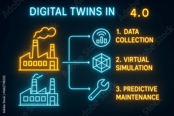 Obraz Digital Twins Technology Infographic with Virtual Replication for IoT and Simulation