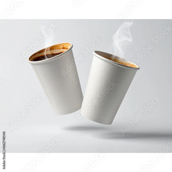 Obraz   White paper cups of coffee mock up on blank background, Two cups in the air dynamically. Ai png 
