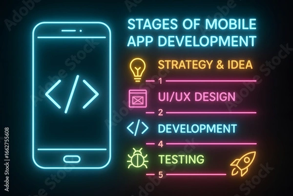 Fototapeta Mobile App Development Stages from Concept to Launch for Software Projects