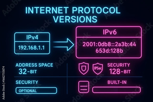 Fototapeta IPv4 vs IPv6 Protocol Comparison with Address Space and Features for Networking