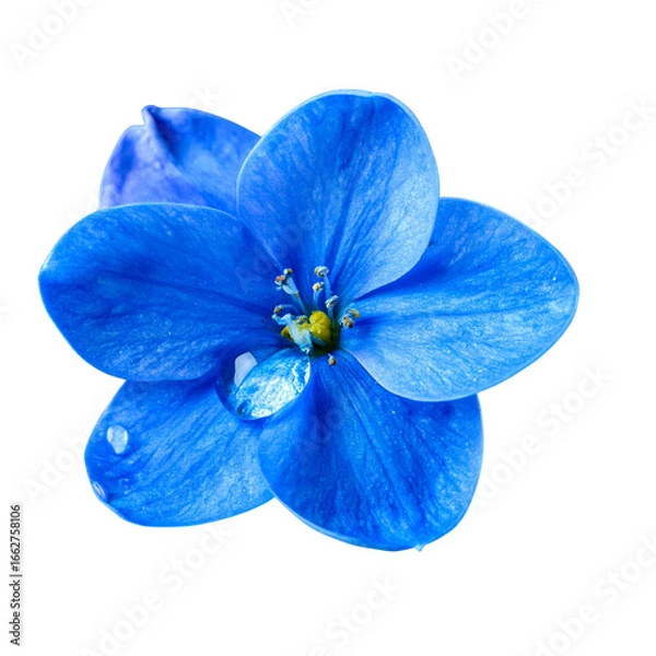 Obraz Beautiful blue flower with a water drop, isolated on a transparent background. Ideal for nature, floral, and beauty-related designs.