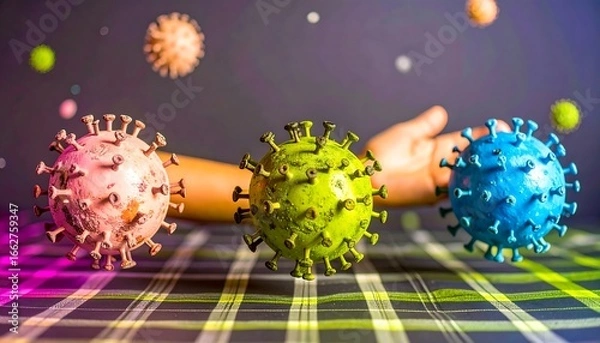 Fototapeta Virus models levitating on checkered cloth