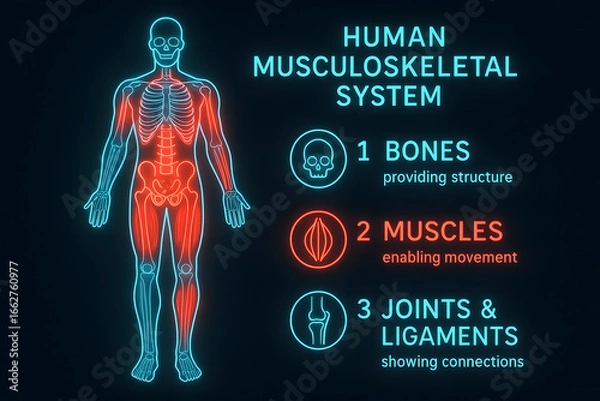 Fototapeta Neon Musculoskeletal System with Bones and Muscle Interactions for Medical Study