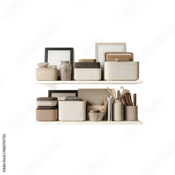 Obraz Organized Home Storage Neutral-toned Boxes and Containers on White Shelves