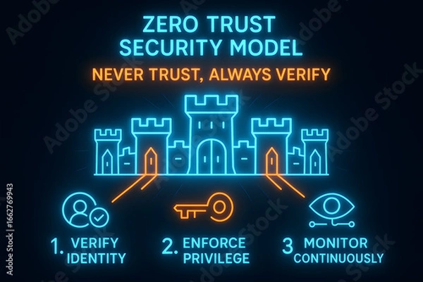 Fototapeta Neon Zero Trust Security Architecture Model Infographic for Cybersecurity