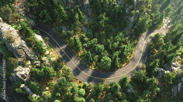 Fototapeta Winding Mountain Road, Aerial View, Forest, Nature, Drive, Travel stock image
