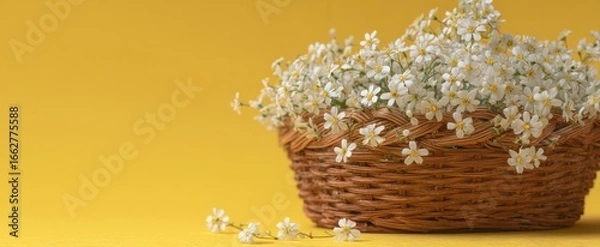 Fototapeta The beautiful floral arrangement in a woven basket against a yellow backdrop.