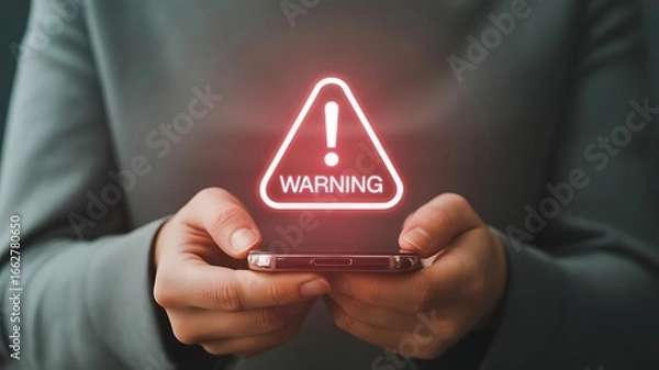 Obraz Person holding a phone with a warning sign, danger and cybersecurity alert