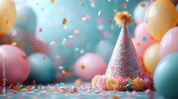 Fototapeta Festive colorful party hat surrounded by pastel balloons and confetti scattered on the floor creating a joyful celebration atmosphere