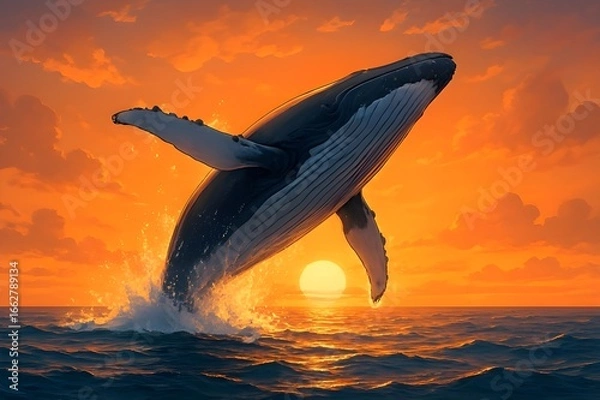 Obraz Majestic Whale Leaping from Ocean Waves into a Golden Sunset, a Breathtaking Display of Wild Marine Life and Natural Oceanic Grandeur