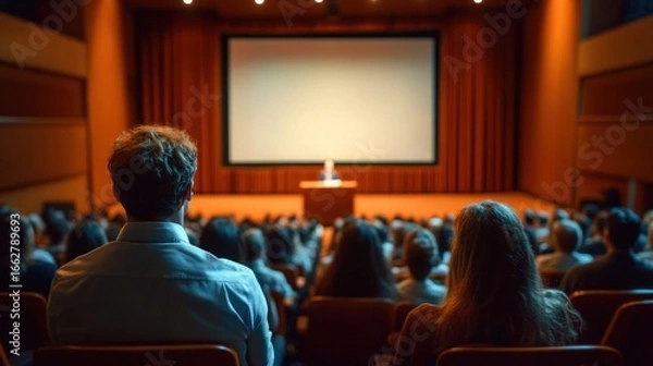 Fototapeta Audience attentively listening to a speaker giving a presentation in a large auditorium with a blank screen behind the speaker