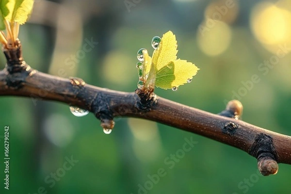 Fototapeta Close-up of a brown branch with fresh green leaves and water droplets sparkling in the soft natural light with a blurred green and yellow background