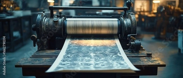 Fototapeta Old vintage printing press machine on wooden table with sheet of printed patterned paper rolling out in dimly lit workshop