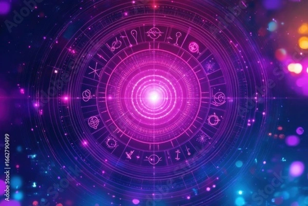 Fototapeta glowing circular astrological chart with zodiac symbols in vibrant purple and blue hues emitting bright central light and starry background