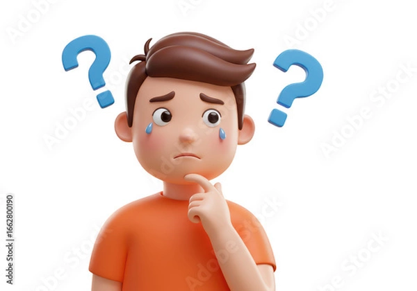 Fototapeta A confused boy with question marks, isolated on a transparent background