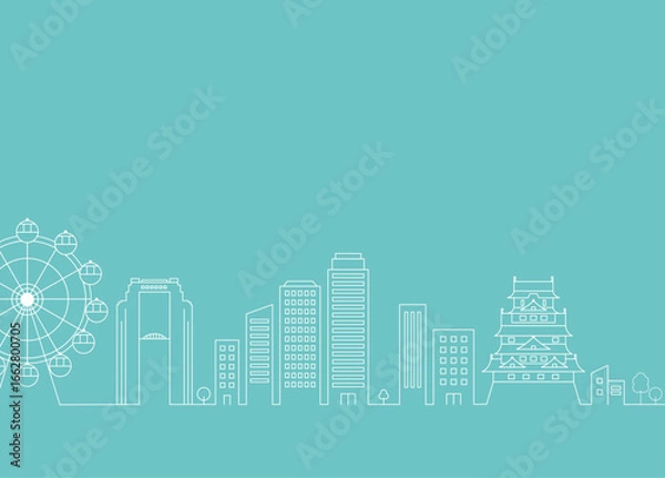 Obraz 大阪城と観覧車が並ぶ大阪の街並み線画イラスト