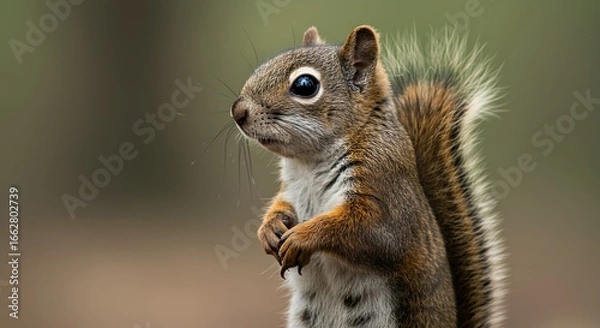 Obraz Adorable Squirrel with Fluffy Tail Standing Alert in Natural Setting