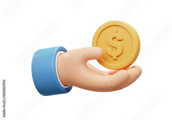 Fototapeta 3d hand holding a gold coin with dollar symbol, isolated on transparent background