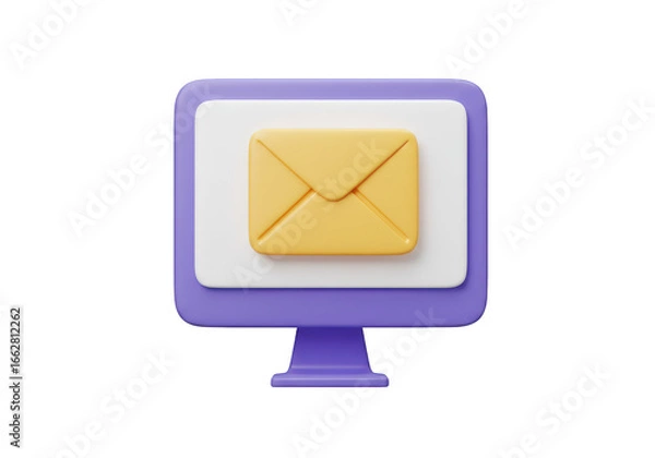 Fototapeta 3d illustration of a purple computer monitor displaying a yellow email envelope icon, isolated on transparent background