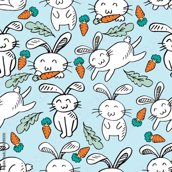 Fototapeta Seamless pattern with cute rabbits and carrots. Vector illustration.