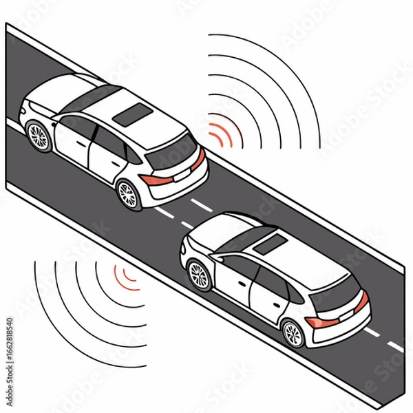 Obraz Isometric Illustration of Two Cars with Sensors Detecting Distance on a Road