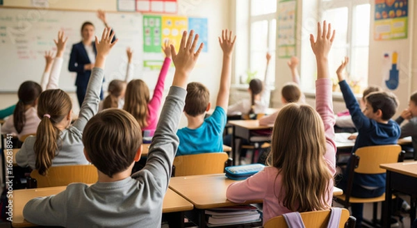 Fototapeta Children raise their hand in a classroom during a class