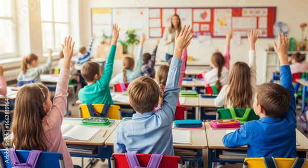 Fototapeta Children raise their hand in a classroom during a class
