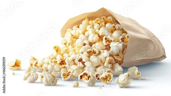 Fototapeta Spilled popcorn overflowing from a brown paper bag against a white background