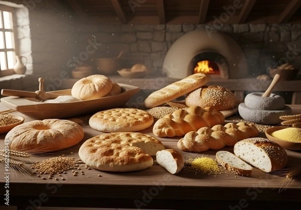 Fototapeta Rustic bread display with oven in a stone bakery setting