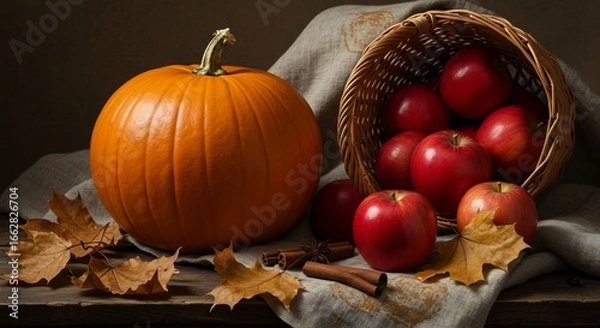 Fototapeta A large orange pumpkin next to a basket overflowing with red apples on a wooden surface Dried leaves and cinnamon sticks are present