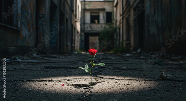 Fototapeta single red rose emerges in an alley, representing beauty and hope in an unexpected place
