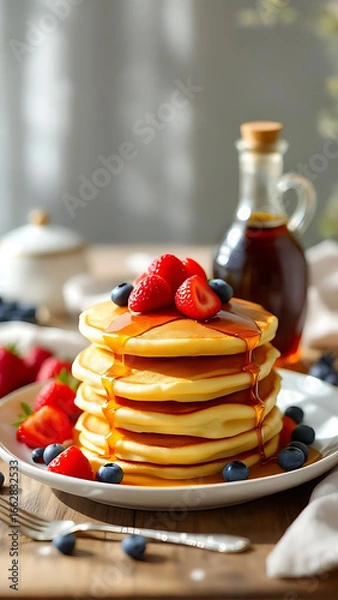 Fototapeta Delicious Pancakes with Syrup. Golden Pancakes and Maple Syrup Bottle. Breakfast with Pancakes and Syrup