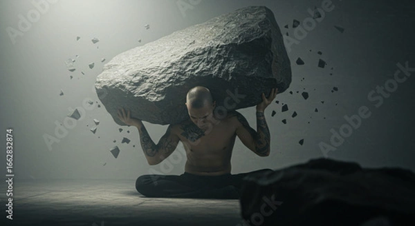Fototapeta Man Sitting Cross-Legged Holding Massive Rock Above Shoulders, Conceptual Strength and Burden
