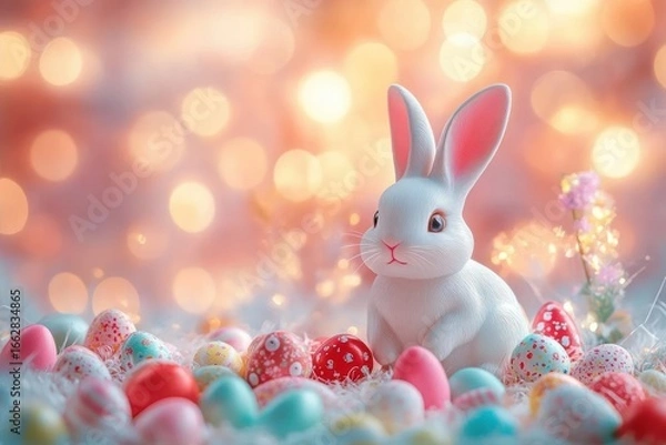 Obraz White rabbit sitting among colorful decorated eggs with soft warm glowing background creating a festive and joyful mood