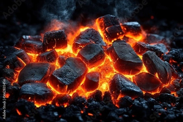 Fototapeta Close-up of glowing hot charcoal briquettes emitting orange heat and smoke in a dark setting