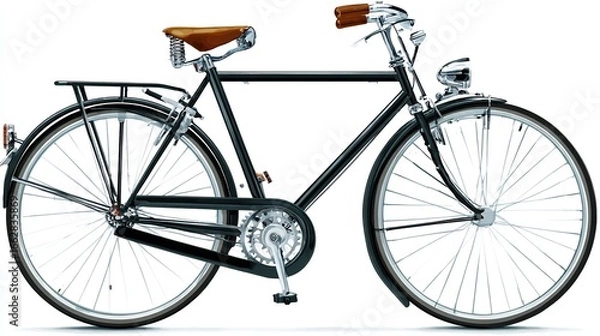 Fototapeta Classic black bicycle with brown leather saddle, chrome accents, fenders, and lights; displayed against a white background in a three-quarter profile view