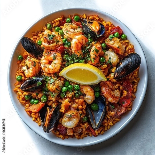 Fototapeta Colorful seafood paella with shrimp, mussels, green peas, and a lemon wedge on top served in a white bowl