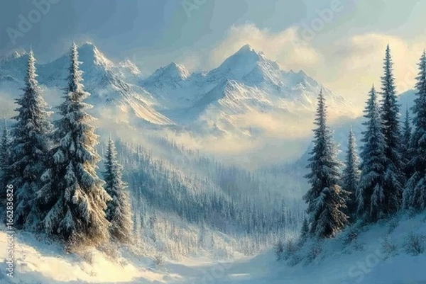 Fototapeta Snow-covered pine trees and majestic mountain peaks bathed in soft morning light with mist gently rising over a serene winter landscape