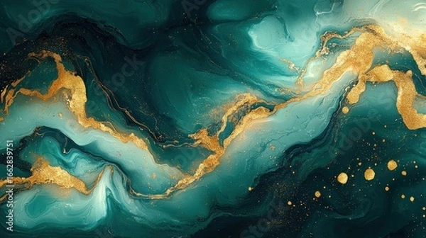 Fototapeta Abstract fluid art with swirling shades of teal, turquoise, and emerald green accented by flowing veins and splashes of shimmering gold, evoking a sense of elegance and dynamic motion
